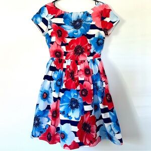 modcloth red white and blue floral retro vintage style fit and flare dress xs